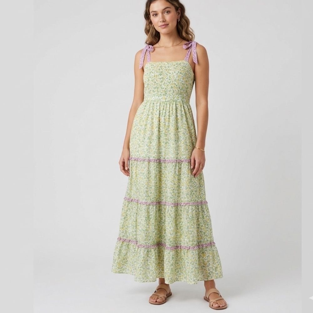 Lost + Wander Smocked Floral Midi Dress M Green Anthro Cotton Cottagecore Prairi